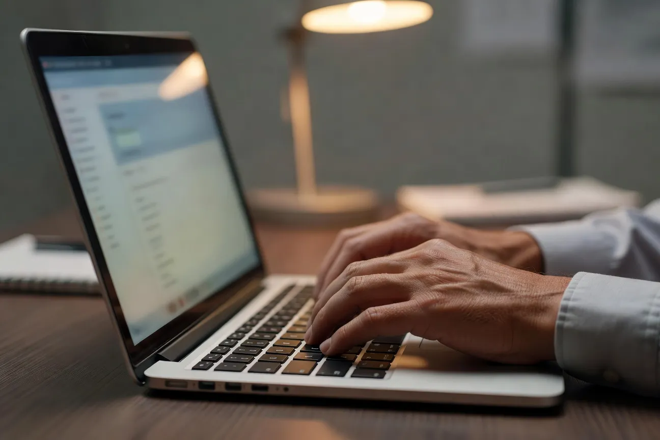 Mains sur clavier configurant une application de contrôle parental, écran flou en arrière-plan