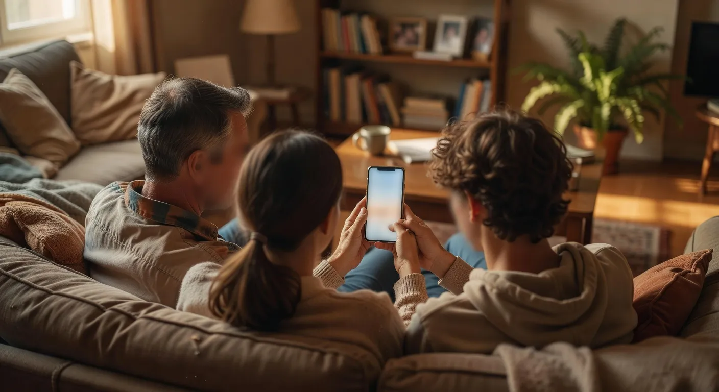 Parents et adolescent regardant ensemble un smartphone, ambiance bienveillante