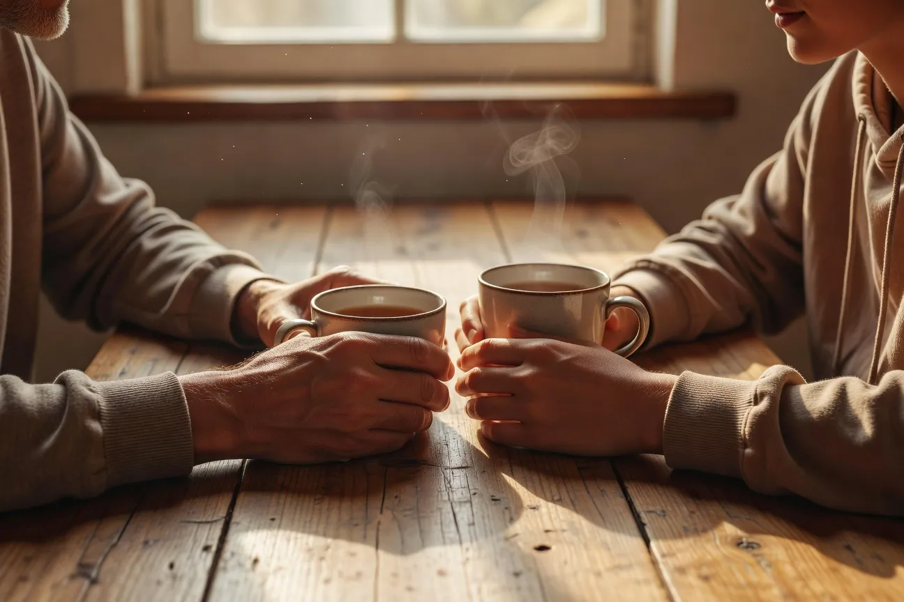 Famille en discussion bienveillante autour d'une table en cuisine, ambiance rassurante