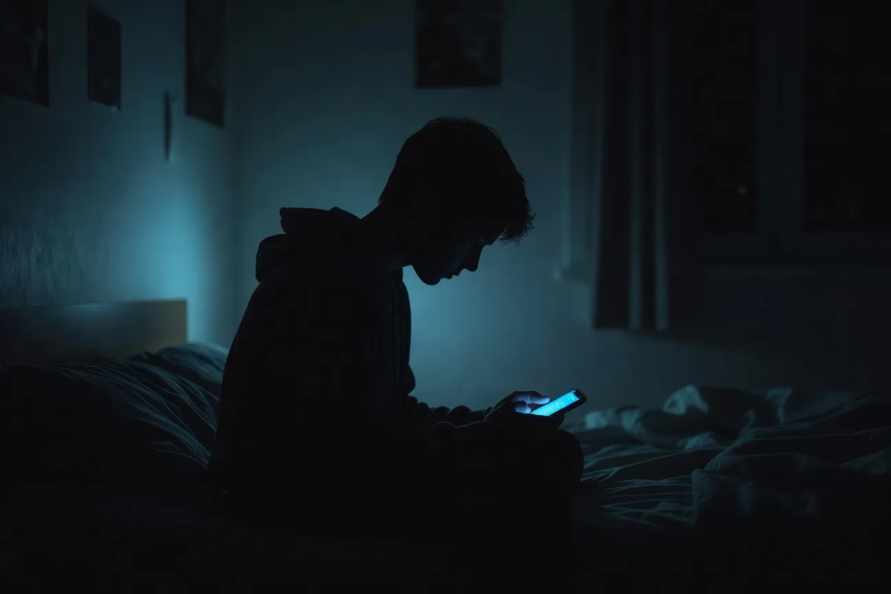 Adolescent triste regardant son smartphone, illustration cyberharcèlement