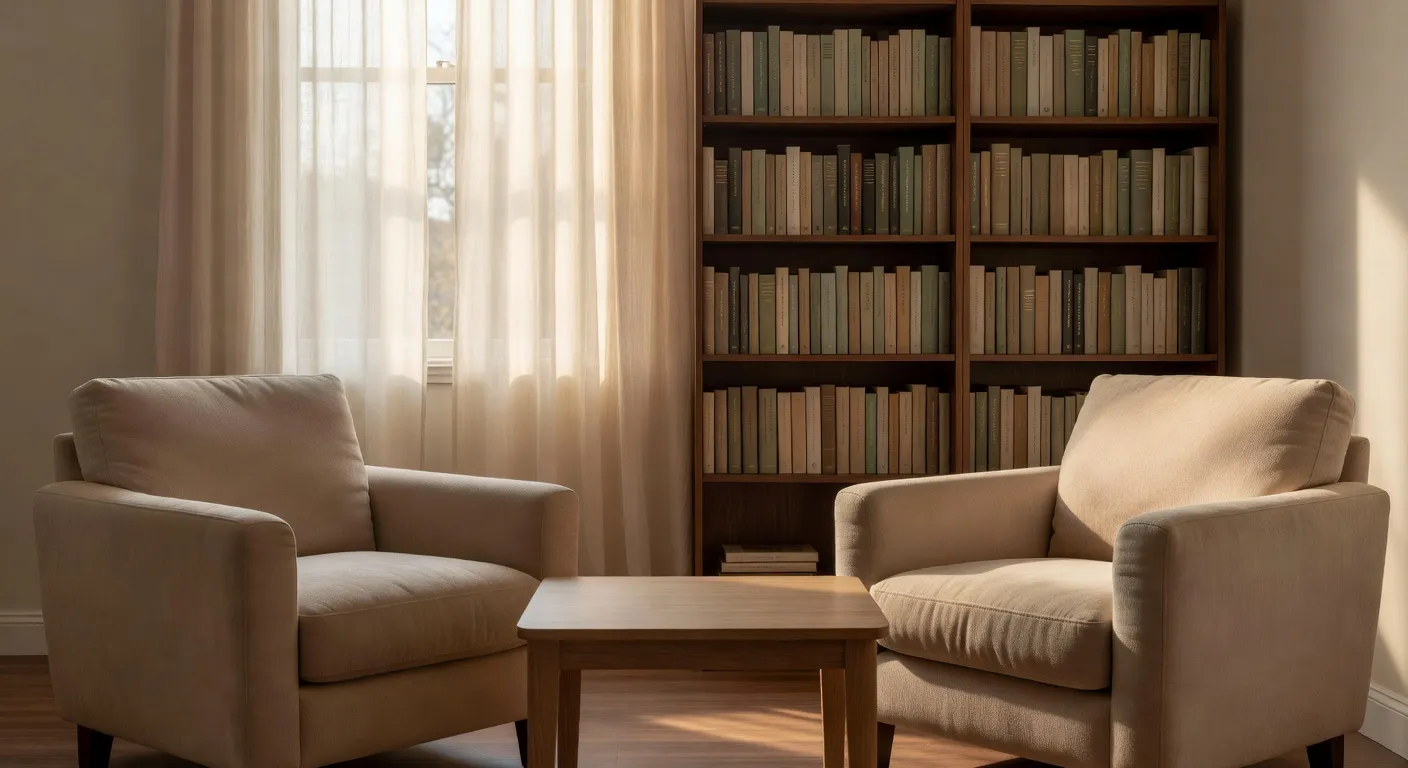 Cabinet de consultation au mobilier sobre, fauteuil et bibliothèque, ambiance feutrée et professionnelle