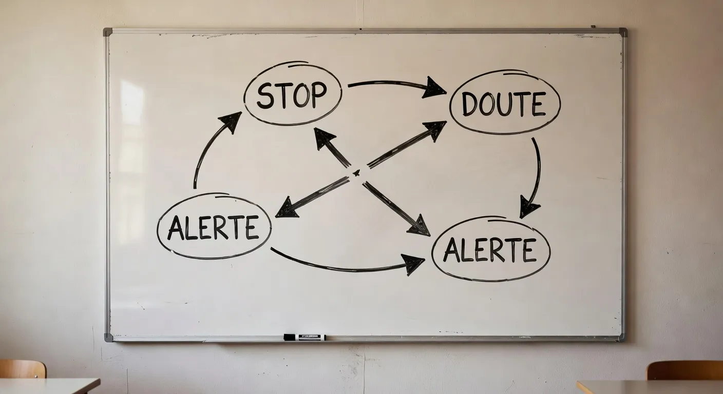 Tableau blanc avec schéma pédagogique STOP-DOUTE-ALERTE en éducation numérique