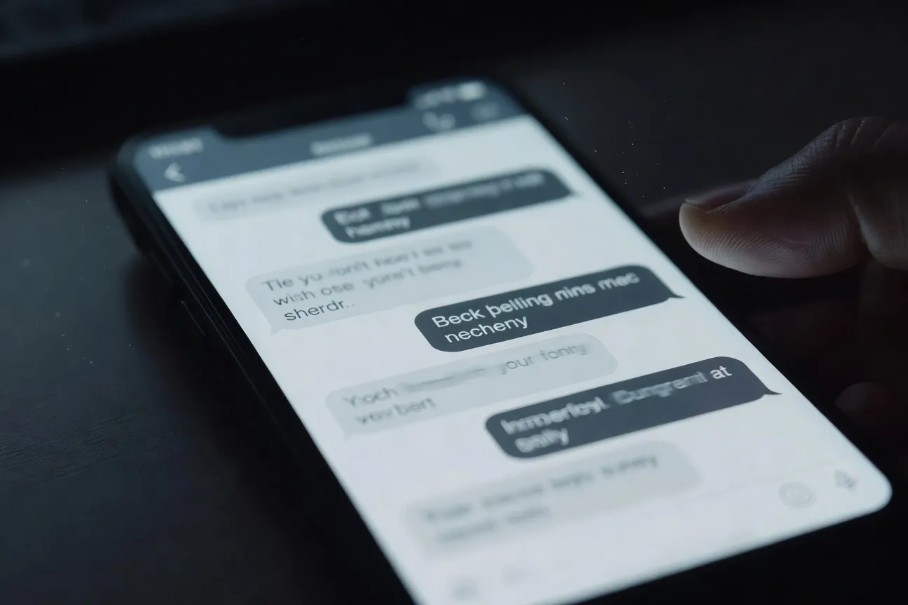 Smartphone affichant une conversation avec messages suspects floutés, illustration éditoriale