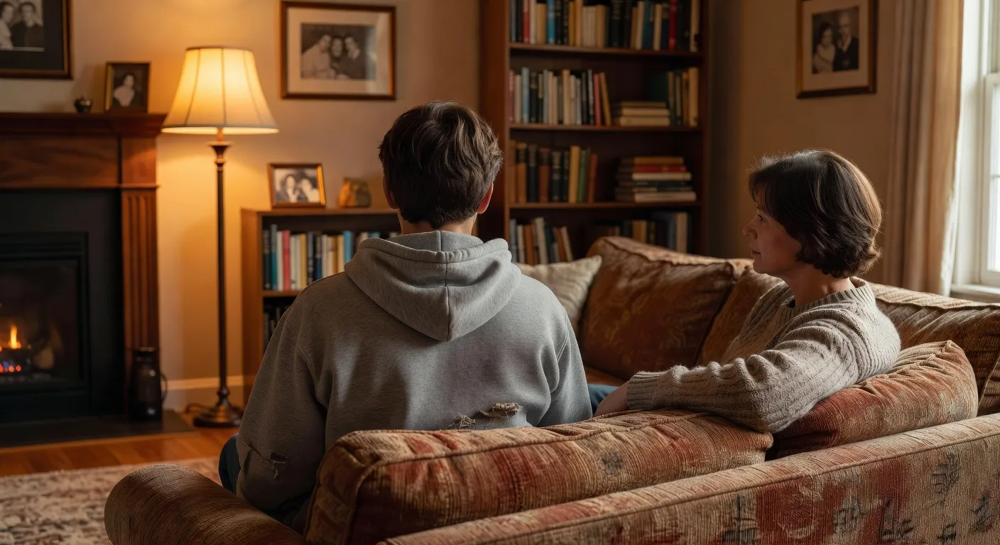 Adolescent parlant à un parent avec lumière chaude et rassurante, dialogue intergénérationnel