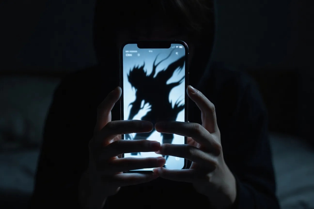 Ombre menaçante sur écran de smartphone, illustration grooming