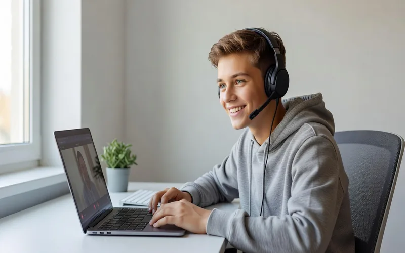 Adolescent souriant devant son ordinateur en discutant en ligne